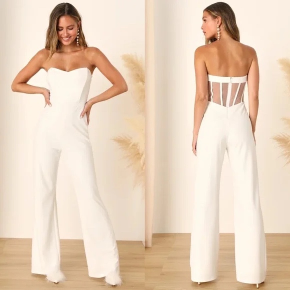 NWT - Lulus Fashionista Nights Ivory Strapless Bustier Wide-Leg Jumpsuit White